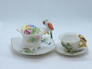 2 Vintage Miniature Tea Cups And Saucers Japan Bird Handle Gold Painted
