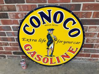 " Conoco Gasoline " Large,  Heavy Double Sided Porcelain Dealer Sign,  (30 " Inch)