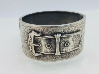 Antique English Victorian Sterling Silver Ornate Buckle Strap Bangle Bracelet
