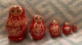 Vintage Small 5 Piece Russian Nesting Dolls Red Gold Signed Babushka Matryoshka