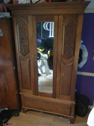 Antique Art Nouveau Arts and crafts Satinwood carved mirror door wardrobe 2