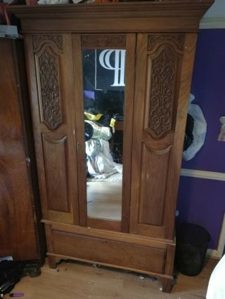Antique Art Nouveau Arts and crafts Satinwood carved mirror door wardrobe 3