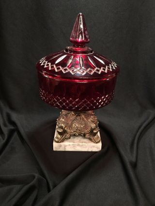 Vintage Ruby Red Glass Candy Dish And Lid With Brass Stand And Marble Base Vgc
