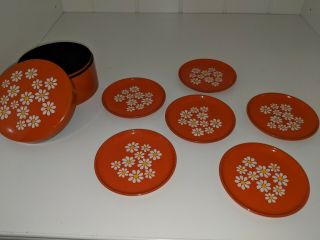 Vintage Omc Otagiri Japan Coasters Set Of 6 In Tin Case Orange Lacquer Flowers