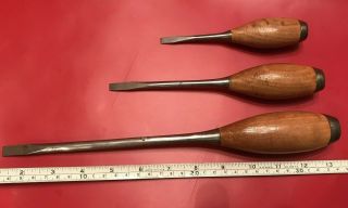 Set Of 3 Vintage Perfect Handle Type Wood Steel Screwdrivers.  Made In Italy