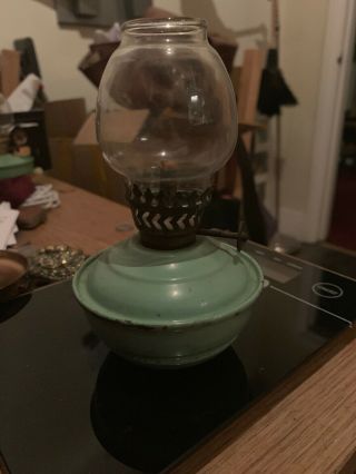 Vintage Old Miniature Green Enamel Oil Lamp Glass Shade