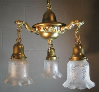 Chandelier Antique Restored Brass W.  Metallic Finishes Floral Designs 3 Lights
