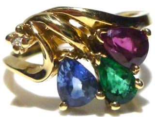 Designer 14k Yellow Gold Diamond Ruby Sapphire & Emerald Estate Ring Size 5.  25