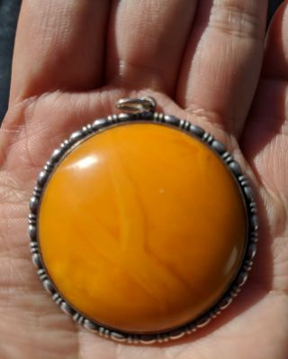 Vintage Silver And Large Untreated Baltic Butterscotch Amber Pendant