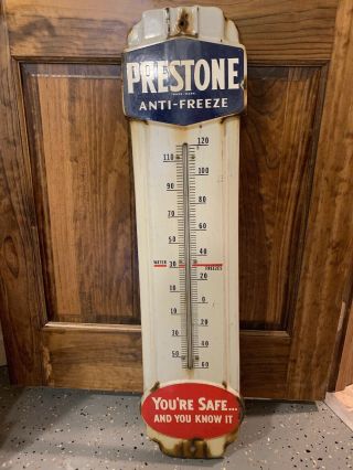 Vintage Prestone Anti - Freeze Gas Oil 36 " Porcelain Metal Thermometer Sign