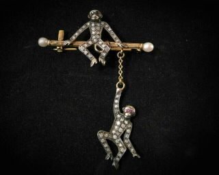 Antique Art Deco 14ct Gold Diamonds Pearl Hanging Monkey Brooch