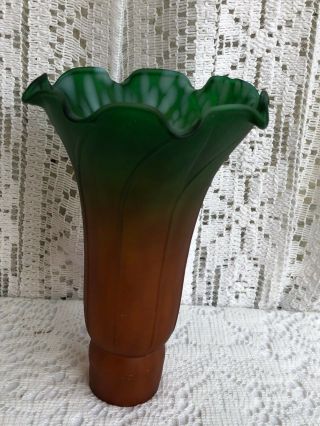 Vintage Tiffany Style Dark Amber - Green Tulip Lily Glass Lamp Shade 1
