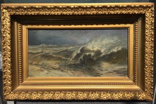 19thc Antique Victorian Era Seascape Ocean Waves Crashing Old Shore Oil Painting