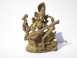 Metal Sculpture Icon Vintage Tibetan Hindu Statue Saraswati Goddess 12 " Musician