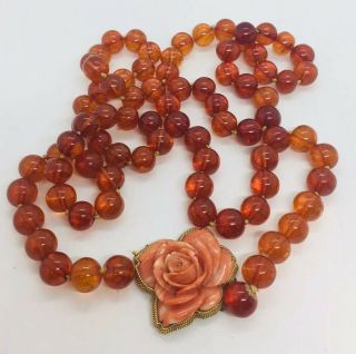 Vintage 18k Yellow Gold Large Carved Red Coral Flower & Amber Beaded Necklace