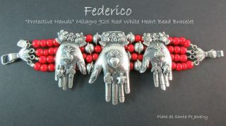 Federico Jimenez Protective Hand Milagro 4 Strand Red White Heart Beads Bracelet