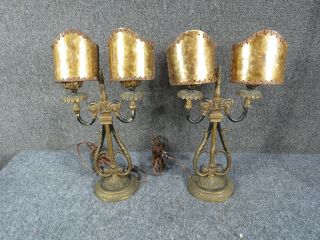 Pair Bronze Arts And Craft Lamps With Mica Shades