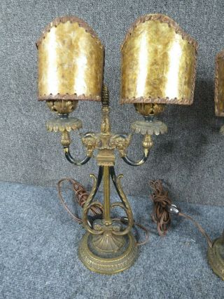 Pair Bronze Arts and Craft Lamps with Mica shades 3
