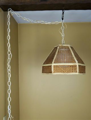Vintage Mid Century Bamboo Wicker Rattan Shade Hanging Light Fixture