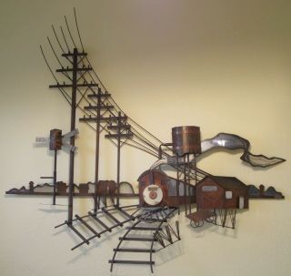 Vintage Large Metal Train Wall Sculpture By " Wiley "