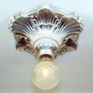 Antique Art Deco Machine Age Starburst Single Light Flush Mount Ceiling Fixture