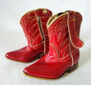 Vintage Child ' s Red Leather Cowboy Boots Size 2 Zipper Western Decor Mexico 2