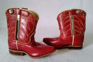 Vintage Child ' s Red Leather Cowboy Boots Size 2 Zipper Western Decor Mexico 3