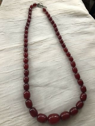 Graduated Cherry Amber / Bakelite Beads Necklace, .  925 Silver T - Bar Clasp,  98 G.