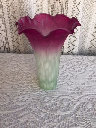 Vintage Tiffany Style Light Green/ Magenta Tulip Lily Glass Lamp Shade