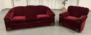Fantastic Red Mohair Velvet Couch Club Chair Set 1930’s Art Deco