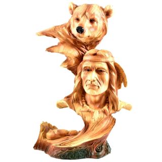 Faux Wood Western Native American Indian With Bear Bust Resin Figurine
