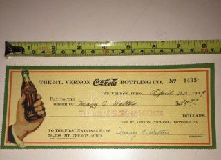 1939,  Coca - Cola,  Bottling Company Check (bottle In Hand Logo) Scarce / Vintage