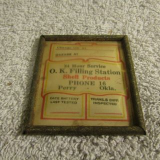 Vintage Ok Filling Station Perry Okla Shell Tin Frame Oil Change Visor Clip 30s