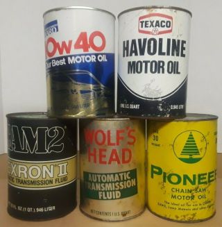 5 Oil Cans Full,  Montgomery Ward,  Pioneer,  Wolfs Head,  Texaco,  Cam2 Cardboard