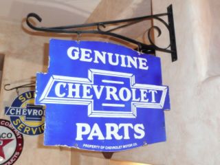 Large  Chevrolet  Double Sided 24  X18  Porcelain Sign With Bracket 1952
