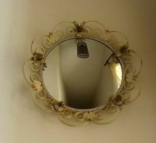 Vintage Mid Century Convex Mirror With Metal Flower Leaf Design Frame - Cream