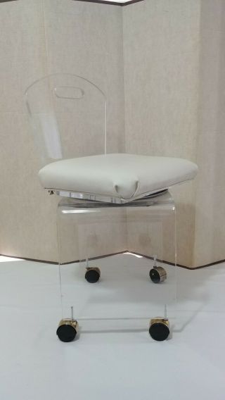 Vintage Mid Century Lucite Vanity Swivel Chair On Wheels White Leather Seat