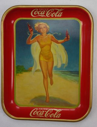 Authentic Vintage 1937 Coca Cola Serving Tray With Swim Suited Running Girl