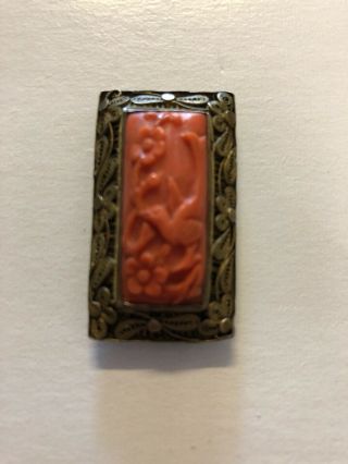 Antique Vintage Chinese Carved Deep Salmon Coral Silver Clip Brooch Bird Detail