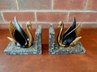 French Vintage/art Deco Bronzed Spelter Swans On Marble Bookends Excelle