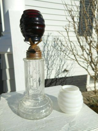 Antique Miniature Grand Vals Time Indicating Night Lamp W/ Milk & Ruby Globes