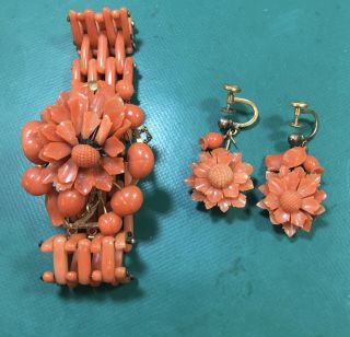 Antique Victorian 14k Gold Carved Coral Bracelet With Ear Rings