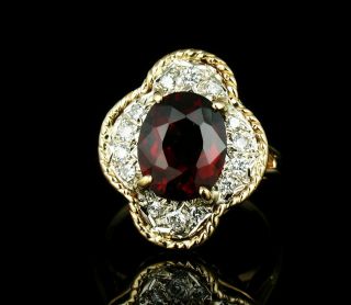 Vintage Rare Ruby Red Natural 4.  50ctw Garnet Diamond 14k Gold Clover Style Ring