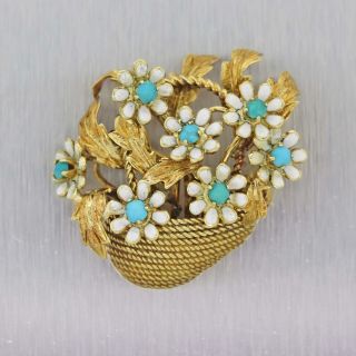 Rare Tiffany & Co.  Italy 18k Yellow Gold Turquoise Enamel Flower Basket Brooch P