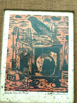 Mid - Century Modern Signed Framed Color Woodcut By Tobias Musicant Bird On A Box