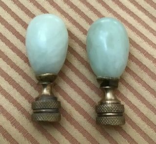 Antique Vintage 2” Jade And Brass Lamp Finial Pair Made In Hong Kong