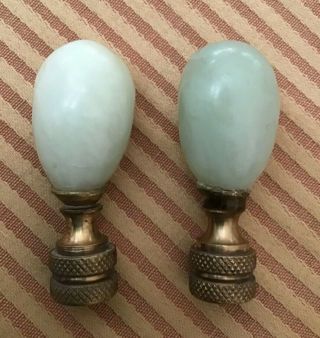 Antique Vintage 2” Jade and Brass Lamp Finial Pair made in Hong Kong 2