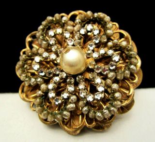 Classic Vintage 2” Signed Miriam Haskell Faux Pearl Rhinestone Brooch Pin A46