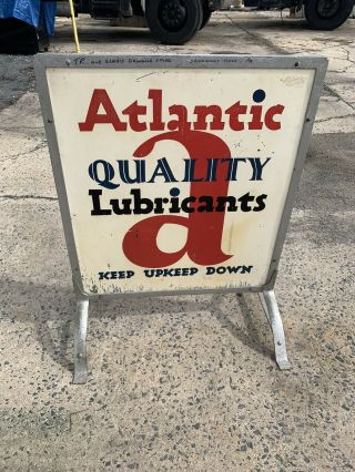 Vintage Atlantic Gas Oil Curb Metal Sign Double Sided Lubricants Garage Service