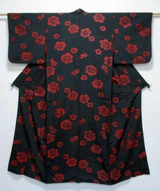 Japanese Silk Antique Kimono / Omeshi / Black & Red / Flower / Silk Fabric /747